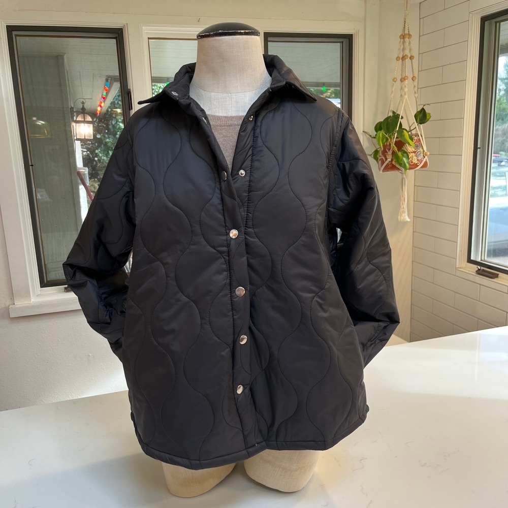 Peau de Loup‎ Quilted Shacket Black Snap Front Collared Jacket Size 8